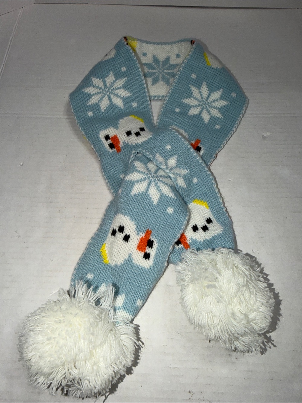 Bark Light Blue Snowman Knit Scarf with White Pom-Poms for Dogs
